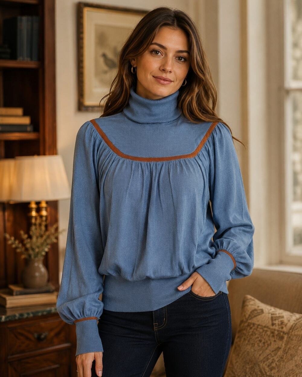 Tulip B M/L Dusty Blue Turtleneck Sweater Rust Trim Soft Stretch Knit NWT
